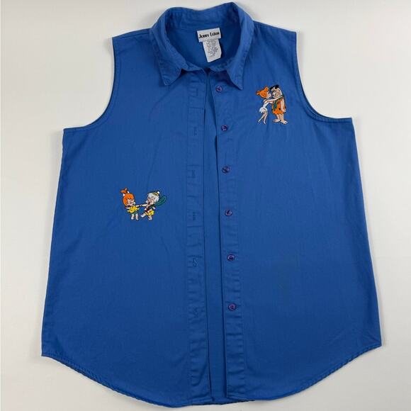 Vintage 90s The Flintstones Embroidered Sleeveless Shirt Blue USA Made Large - Picture 2 of 7